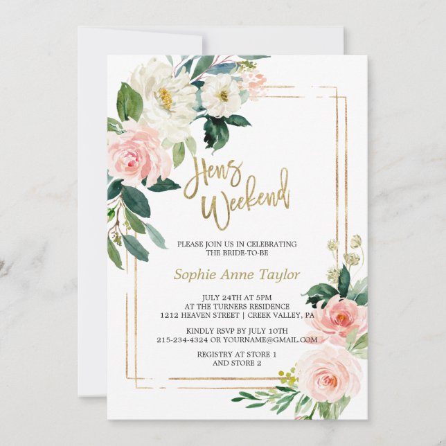 White Blush Floral Gold Bachelorette Weekend Party Invitation (Front)