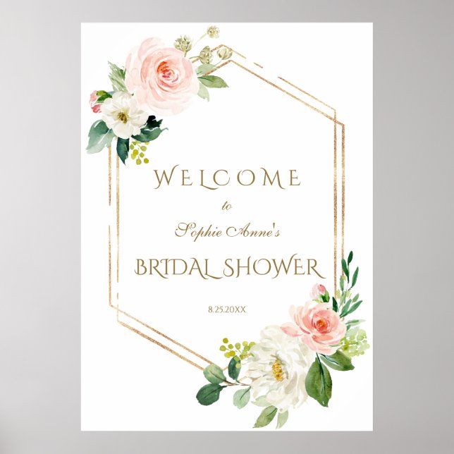 White Blush Floral Gold Welcome Bridal Shower Sign (Front)