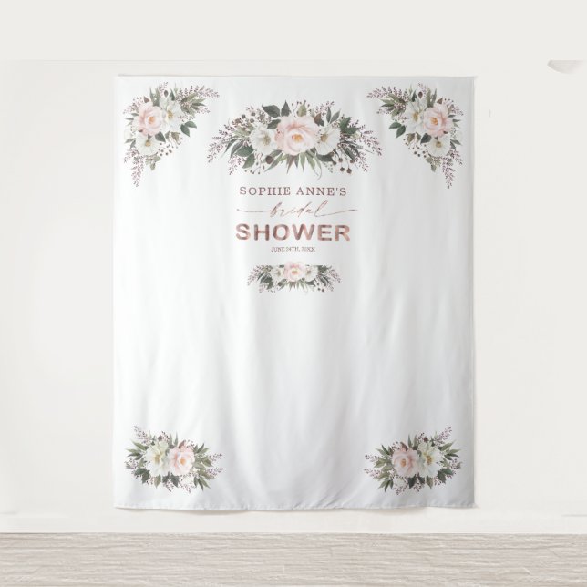  White Blush Floral Rose Gold Bridal Shower Prop  Tapestry (Front)