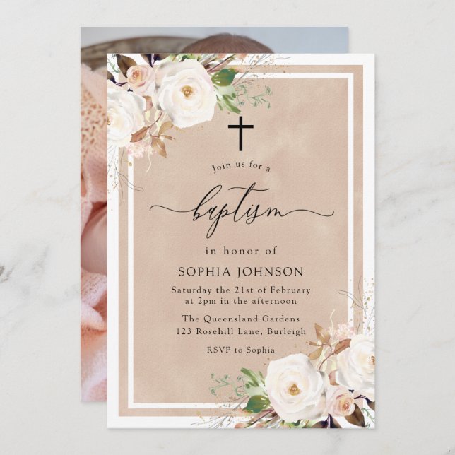 White & Blush Flowers Baby Girl Photo Baptism Invitation (Front/Back)