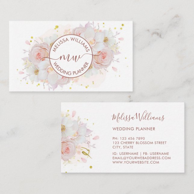White Blush Flowers Logo Initials Business Card (Front/Back)