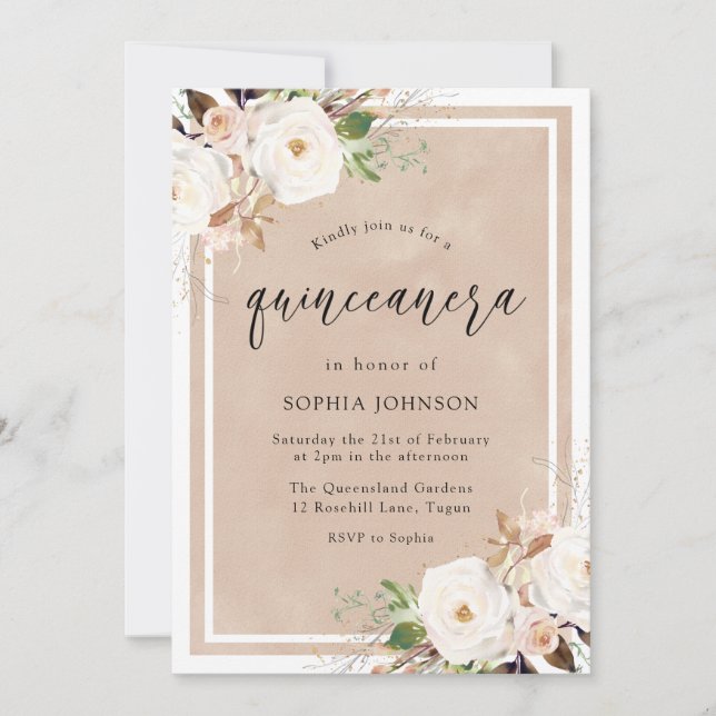 White & Blush Flowers Watercolor Quinceanera Party Invitation (Front)