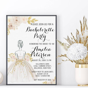 White Blush Gold Glitter Dress Bachelorette Party Invitation