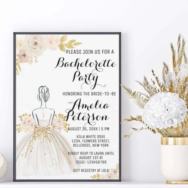 White Blush Gold Glitter Dress Bachelorette Party Invitation (Creator Uploaded)