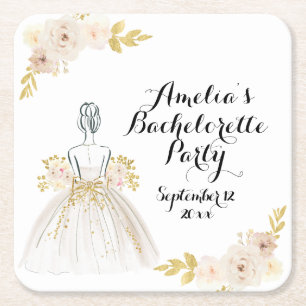 White Blush Gold Glitter Dress Bachelorette Party Square Paper Coaster
