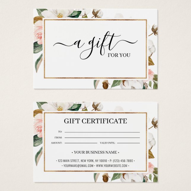 White Blush Magnolia Floral Gift Certificate Card (Front & Back)