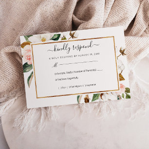 White & Blush Magnolia Floral Wedding RSVP Card
