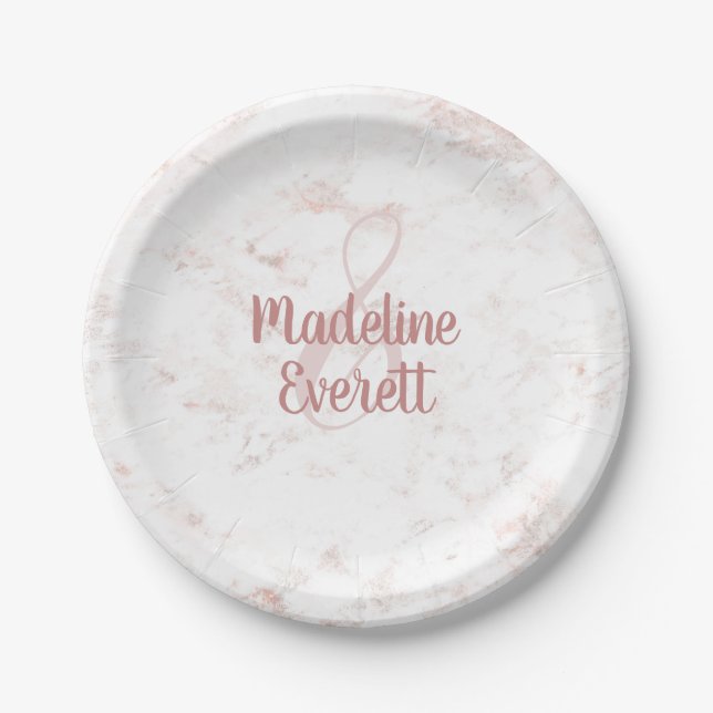 White Blush Marble and Rose Gold Wedding Monogram Paper Plate (Front)