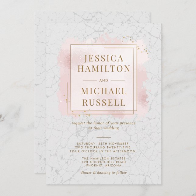 White & Blush Marble Gold Frame Wedding Invitation (Front/Back)