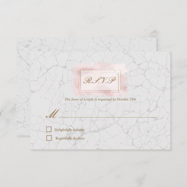 White & Blush Marble Gold Frame Wedding RSVP card (Front/Back)