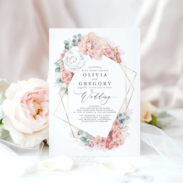 White Blush Peach and Dusty Rose Floral Wedding Invitation (Pink Floral Sophisticated Wedding Invitations)