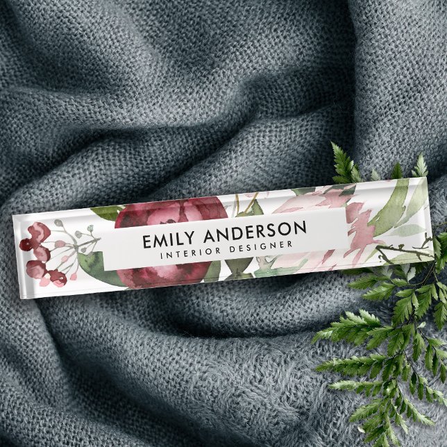 WHITE BLUSH PINK BURGUNDY PROTEA FLORAL WATERCOLOR NAMEPLATE (Creator Uploaded)