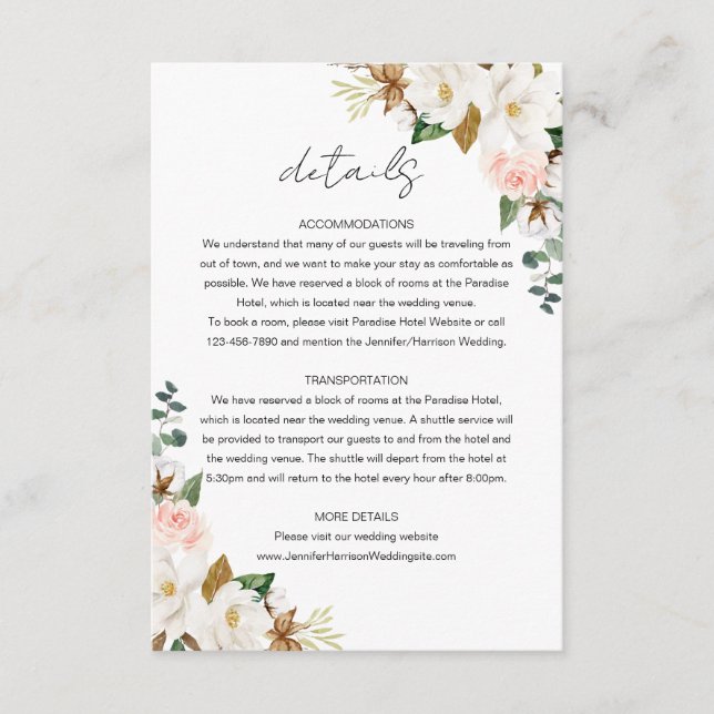 White & Blush Pink Magnolia Floral Wedding Details Enclosure Card (Front)