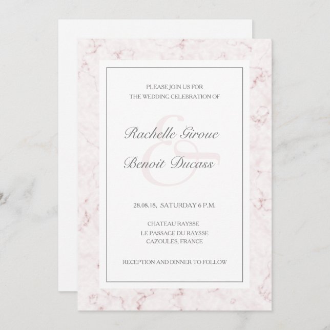 White blush pink marble elegant modern wedding invitation (Front/Back)