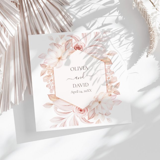 White & Blush Pink Roses Wedding Napkins (Boho Beige and Pink Roses Wedding Napkins on a sunny  wihte table.)