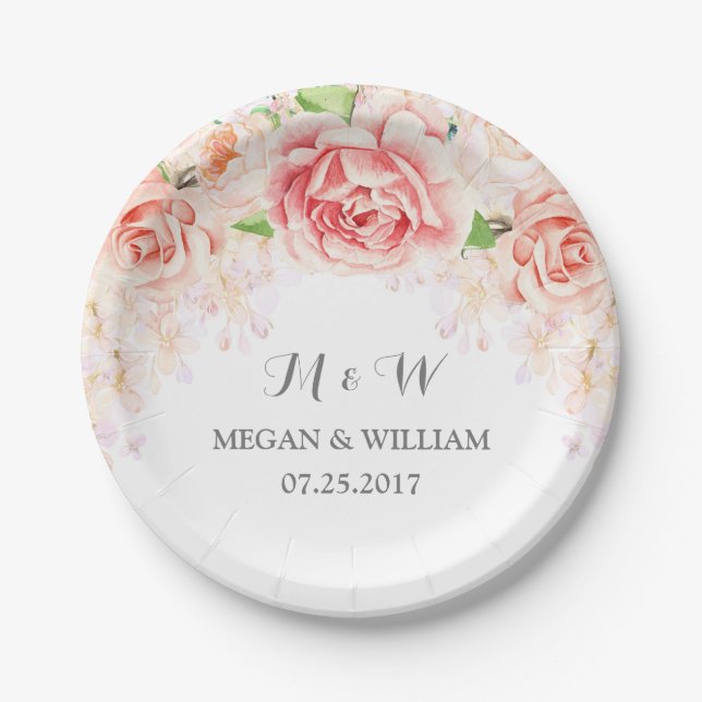 White Blush Pink Watercolor Floral Wedding Plate (Front)