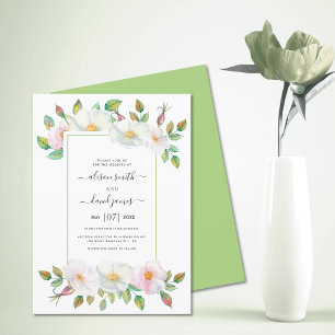 White, blush pink wild rose green floral wedding invitation