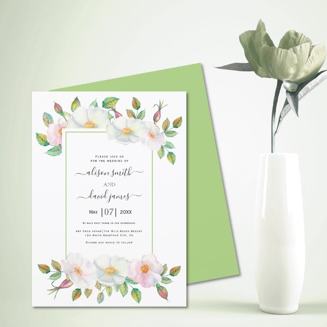 White, blush pink wild rose green floral wedding invitation (Creator Uploaded)