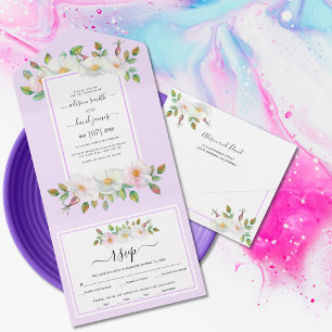 White, blush wild rose floral lavender wedding all in one invitation