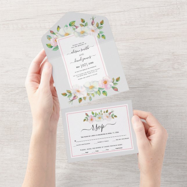 White, blush wild rose floral light grey wedding  all in one invitation (Tearaway)
