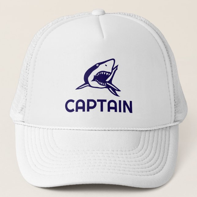 White boat captain hat with shark design (Front)