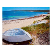 White Boat on Beach Golden Sands Blue Sea Photo