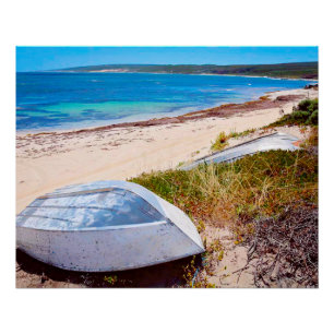 White Boat on Beach Golden Sands Blue Sea Photo Poster