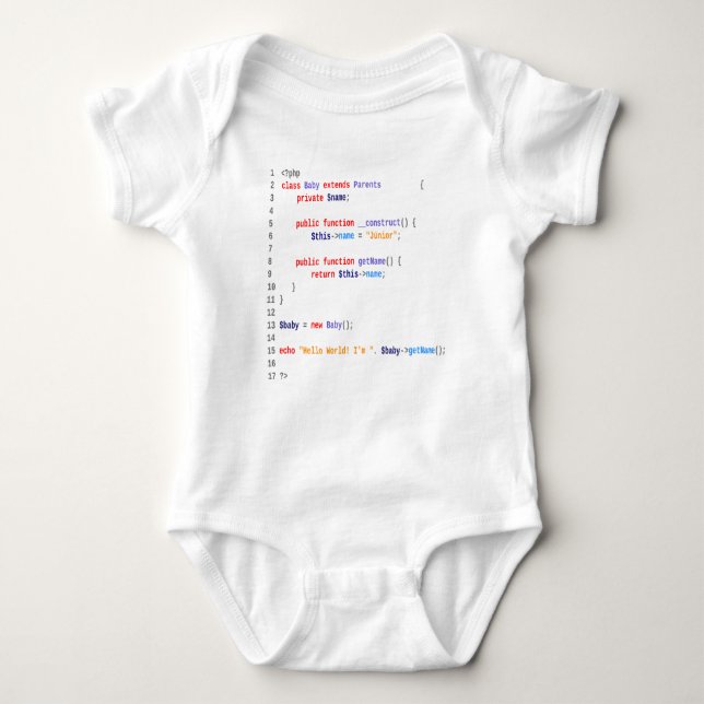 White Body baby hello world php Baby Bodysuit (Front)