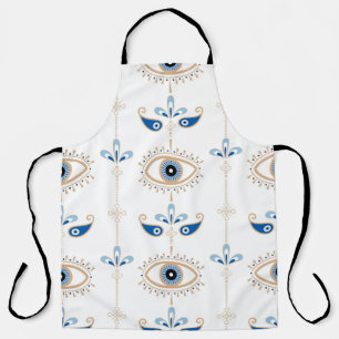 White bohemian retro evil eye pattern apron