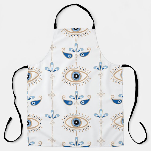 White bohemian retro evil eye pattern apron (Front)