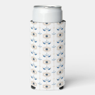 White bohemian retro evil eye pattern seltzer can cooler
