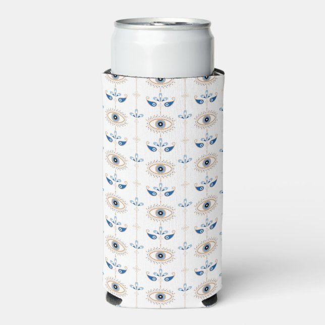 White bohemian retro evil eye pattern seltzer can cooler (Seltzer Front)