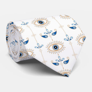 White bohemian retro evil eye pattern tie