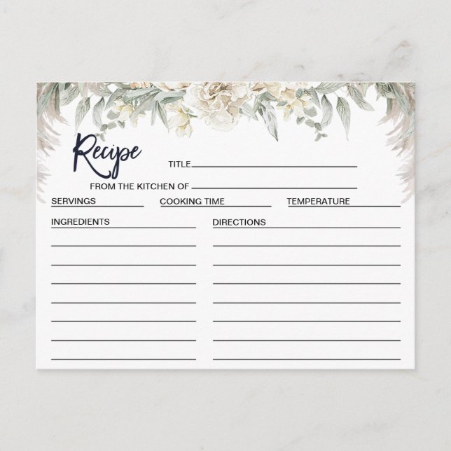 White Boho Floral Bridal Shower Recipe Card (Front)