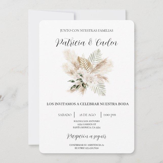 White Boho Floral Spanish Wedding Invitation (Front)