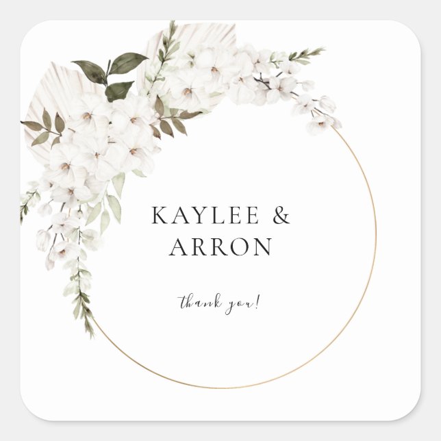 White Boho Floral Thank You 2 Square Sticker (Front)