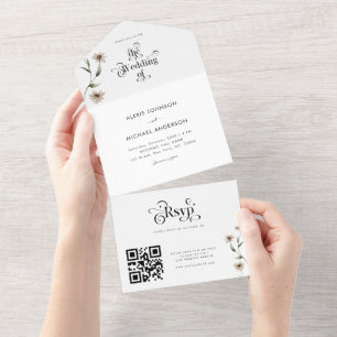 White Boho Retro Typography Wildflowers QR Code All In One Invitation