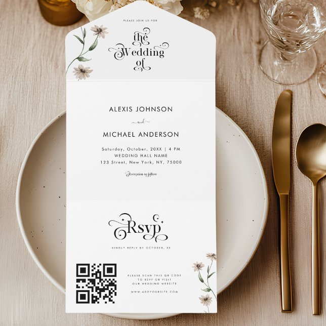 White Boho Retro Typography Wildflowers QR Code All In One Invitation (Creator Uploaded)