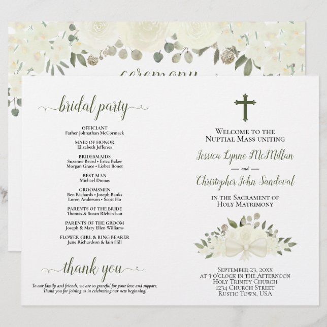 White Boho Roses DIY Fold Catholic Wedding Program (Front/Back)
