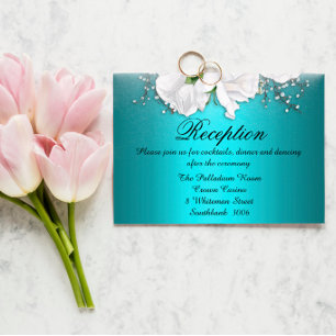 White Boho Roses Metallic Aqua Wedding Reception Enclosure Card