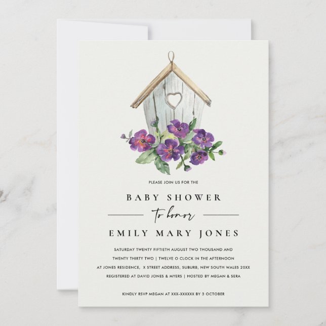 WHITE BOHO RUSTIC FLORAL BIRDHOUSE BABY SHOWER INVITATION (Front)