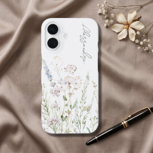White Boho Watercolor Wildflowers iPhone 16 Case