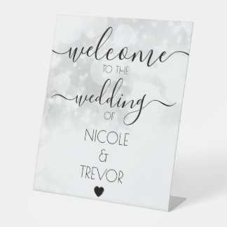 White Bokeh Calligraphy Custom Wedding Welcome Pedestal Sign