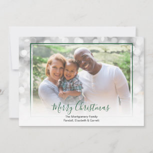 White Bokeh Green Framed Christmas Photo Holiday Card