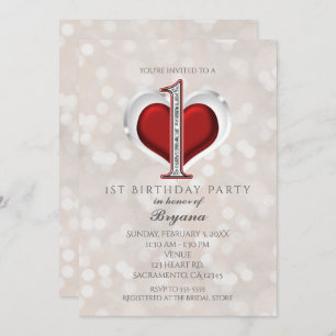 White Bokeh & Red Valentine Glam 1st Birthday Invitation