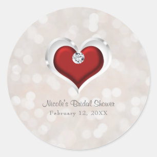 White Bokeh Red Valentine Glam Heart Custom Favour Classic Round Sticker