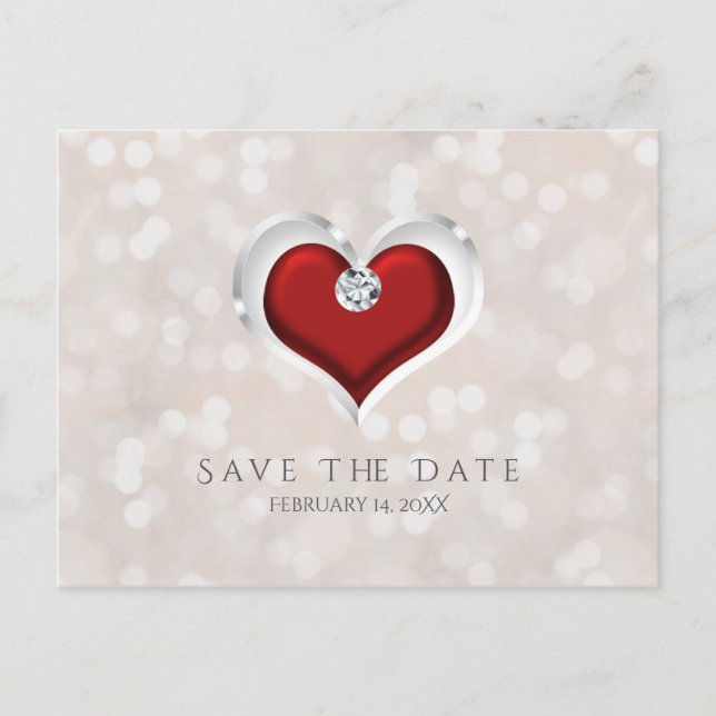 White Bokeh & Red Valentine Heart Save the Date Announcement Postcard (Front)