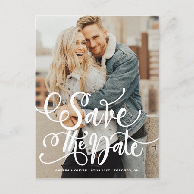 White Bold Modern Calligraphy Photo Save the Date Announcement Postcard (Front)