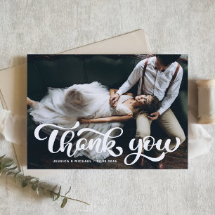 White Bold Retro Script Photo Wedding Thank You Card