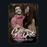 White Bold Script Photo Save the Date Magnet<br><div class="desc">Fully customizable photo save the date magnet featuring retro script overlay with black and white stripes back pattern. This photo save the date magnet is available as flat card and postcard. A perfect way to announce your wedding date to your family and friends.</div>